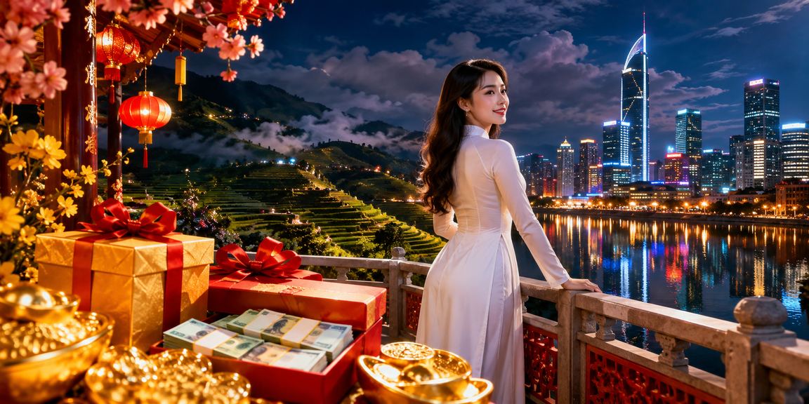 Người phụ nữ mặc áo dài xem kèo thể thao tại Sapa trên điện thoại di động